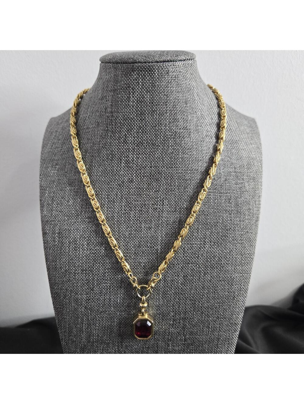 Vintage Gold Tone Ruby Red Glass Pendant Necklace Emerald Cut Drop Victorian